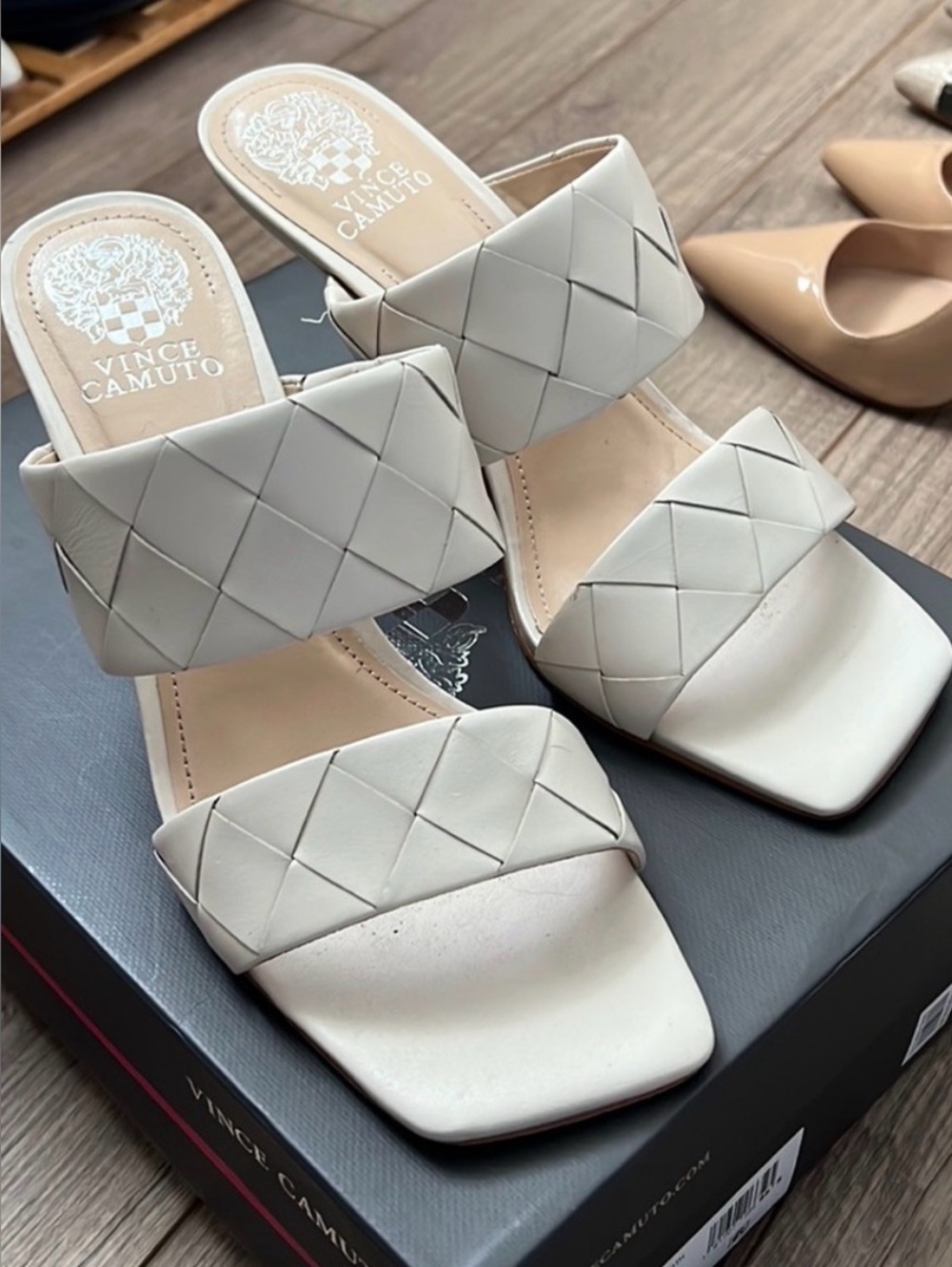 Vince Camuto Cream Woven Double-Strap Block Heel Sandals Sz 9.5